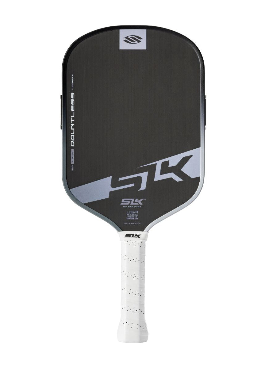 Black pickleball paddle with white handle on a white background