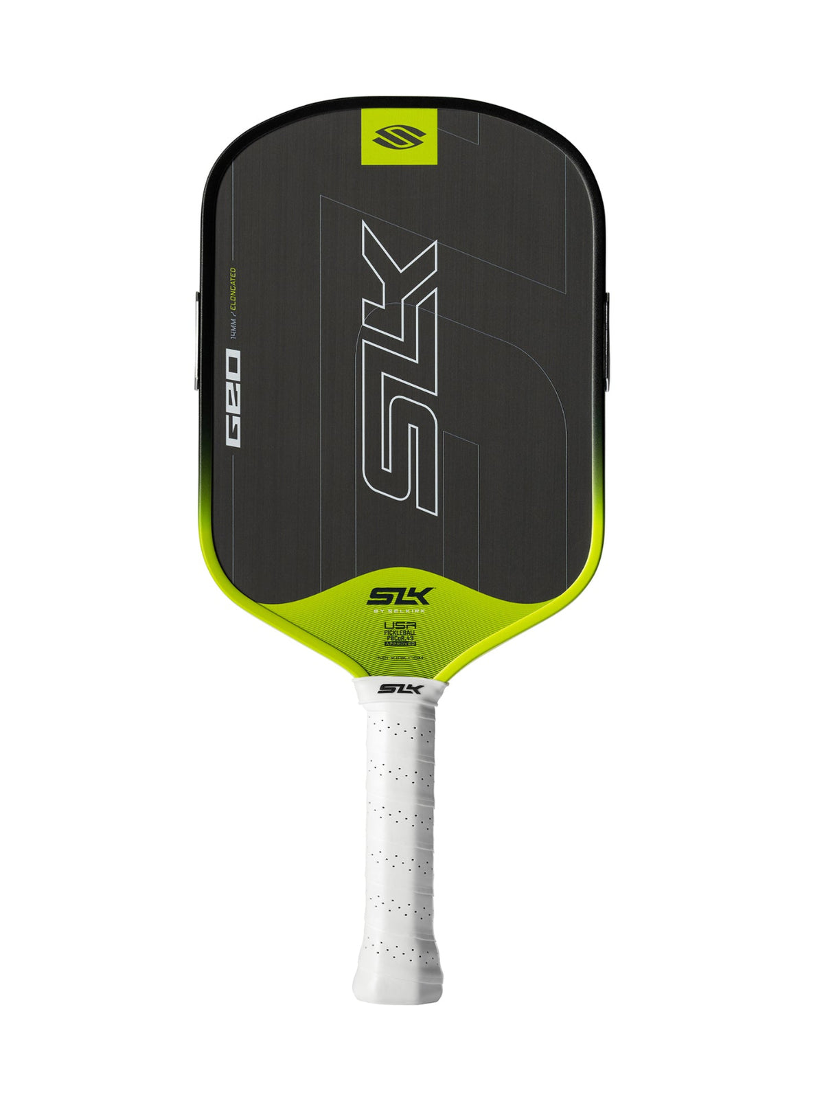 Pickleball paddle with black and green design on a white background