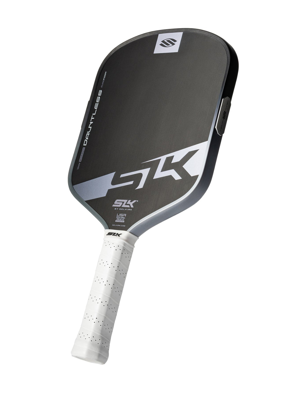 Pickleball paddle with black and gray design on a white background